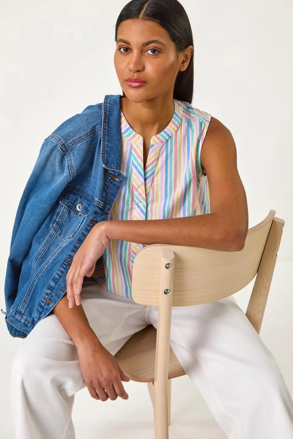 Tops>Roman Ivory Stripe V-Neck Vest Top