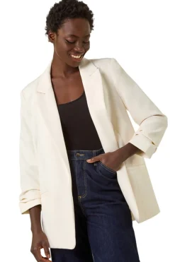 Coats & Jackets>Roman Ivory Tailored Ruched Sleeve Stretch Blazer