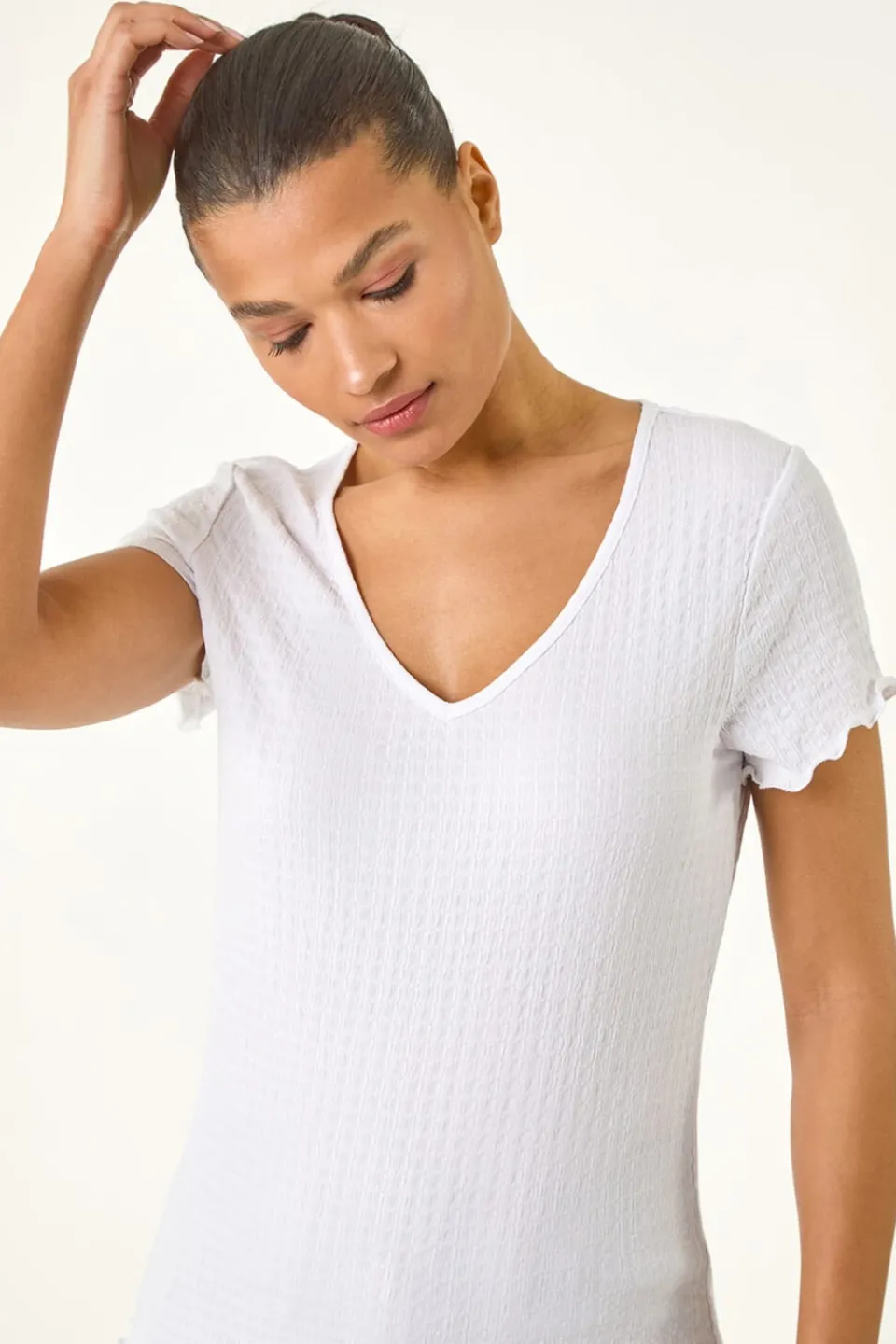 T-Shirts>Roman Ivory Textured Lettuce Edge Top