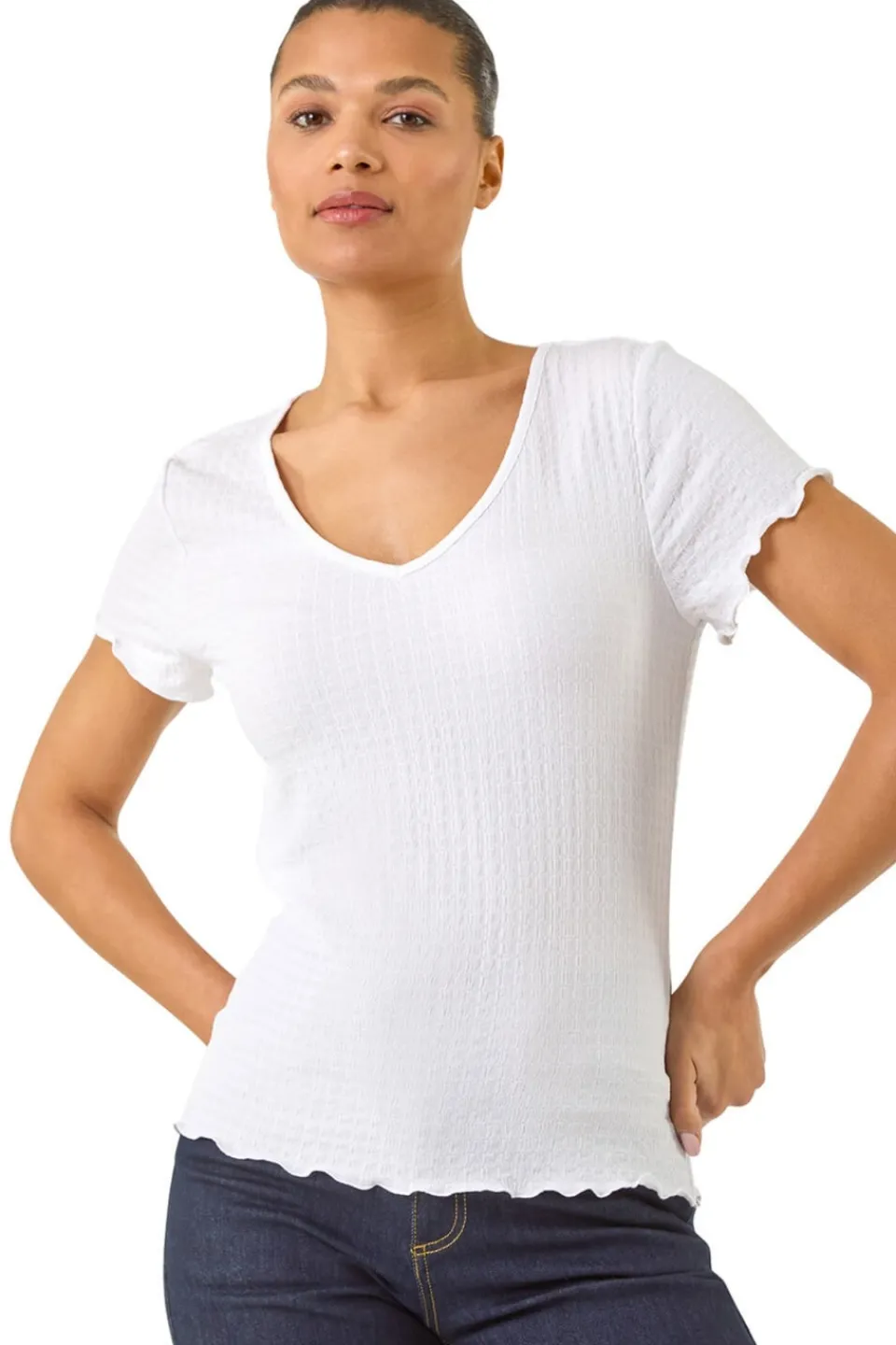 T-Shirts>Roman Ivory Textured Lettuce Edge Top