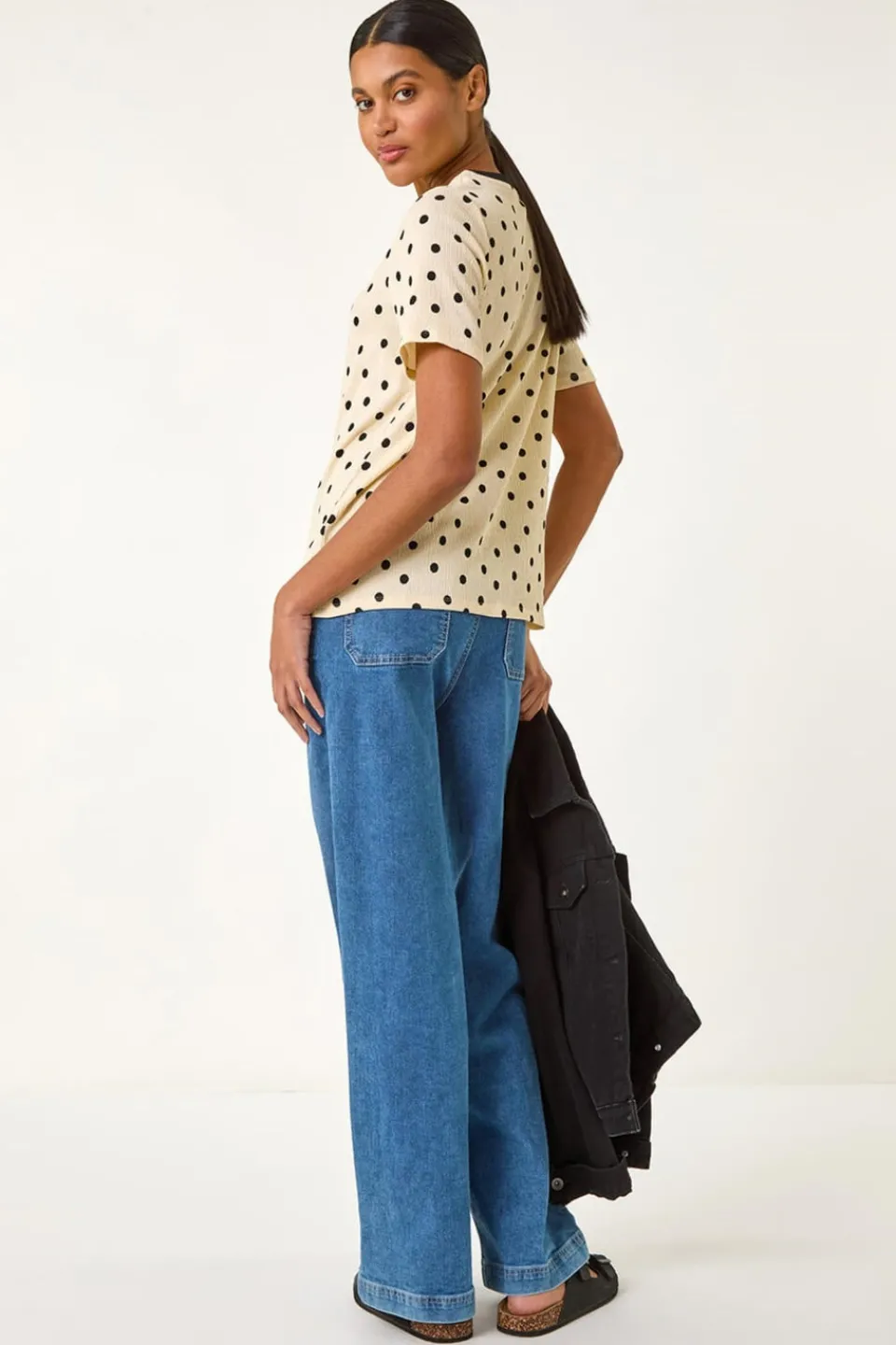 T-Shirts>Roman Ivory Textured Spot Stretch Top