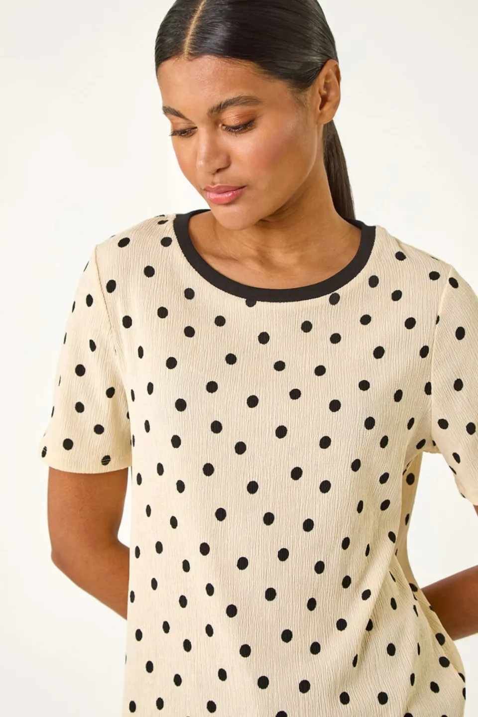T-Shirts>Roman Ivory Textured Spot Stretch Top
