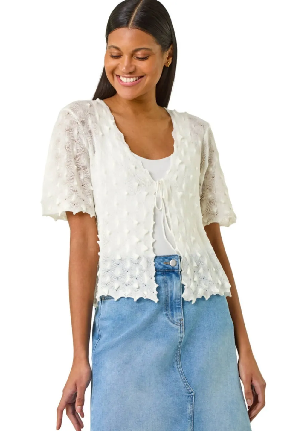 Tops>Roman Ivory Textured Tie Front Shrug