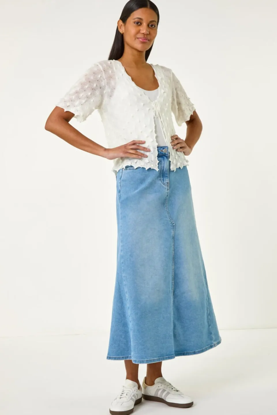 Tops>Roman Ivory Textured Tie Front Shrug
