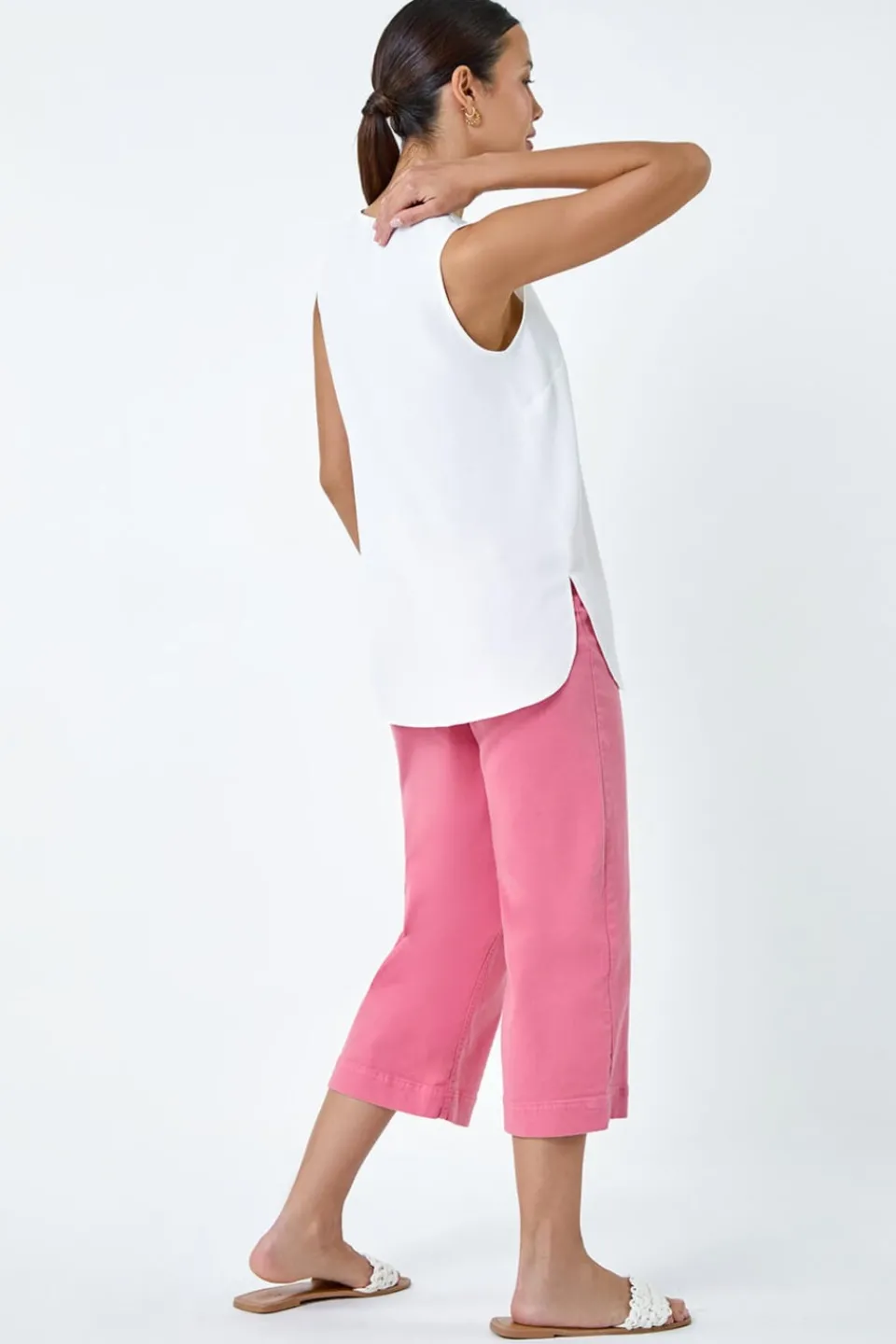 Tops>Roman Ivory V Neck Sleeveless Pleat Chiffon Vest Top