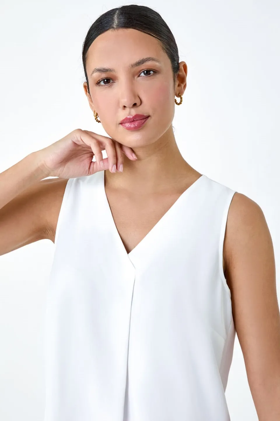 Tops>Roman Ivory V Neck Sleeveless Pleat Chiffon Vest Top