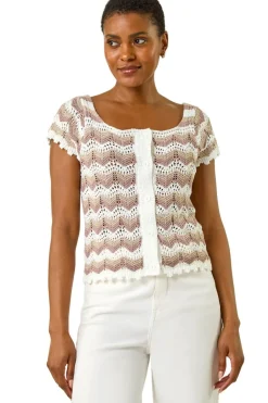 Tops>Roman Ivory Wave Crochet Buttoned Top