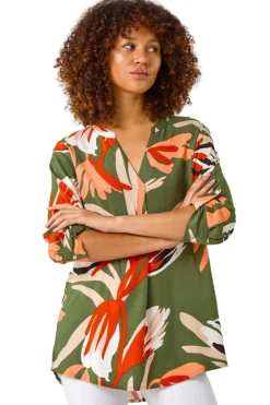 Tops>Roman Khaki Abstract Print Pleat Detail Top