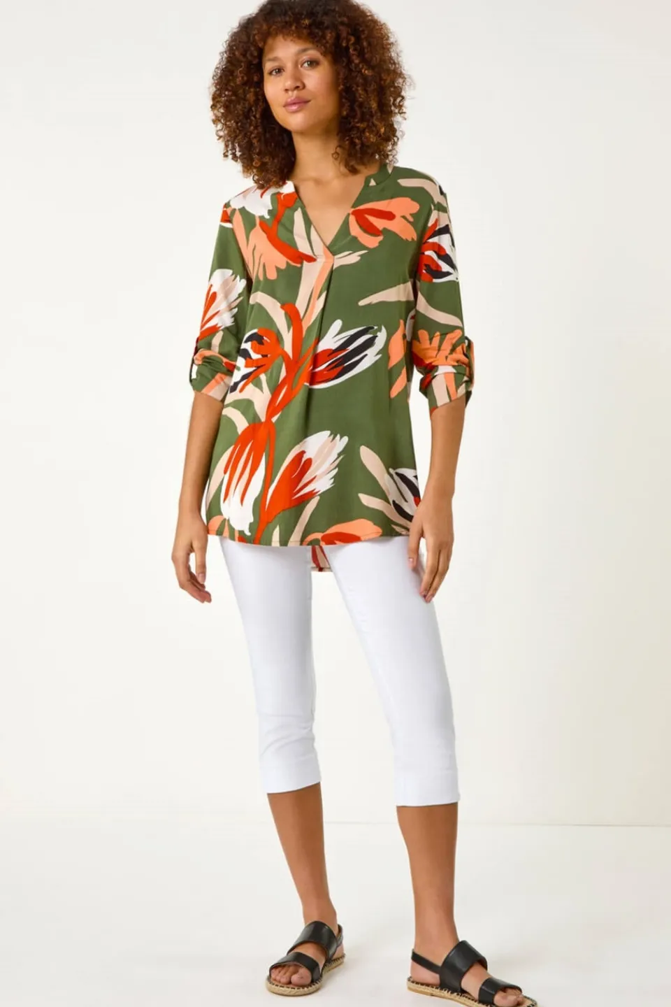 Tops>Roman Khaki Abstract Print Pleat Detail Top