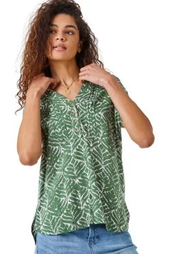 Tops>Roman Khaki Abstract Print Button Detail V-Neck Top