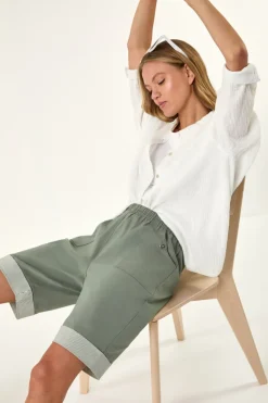 Shorts>Roman Khaki Bengaline Turn Up Stripe Shorts