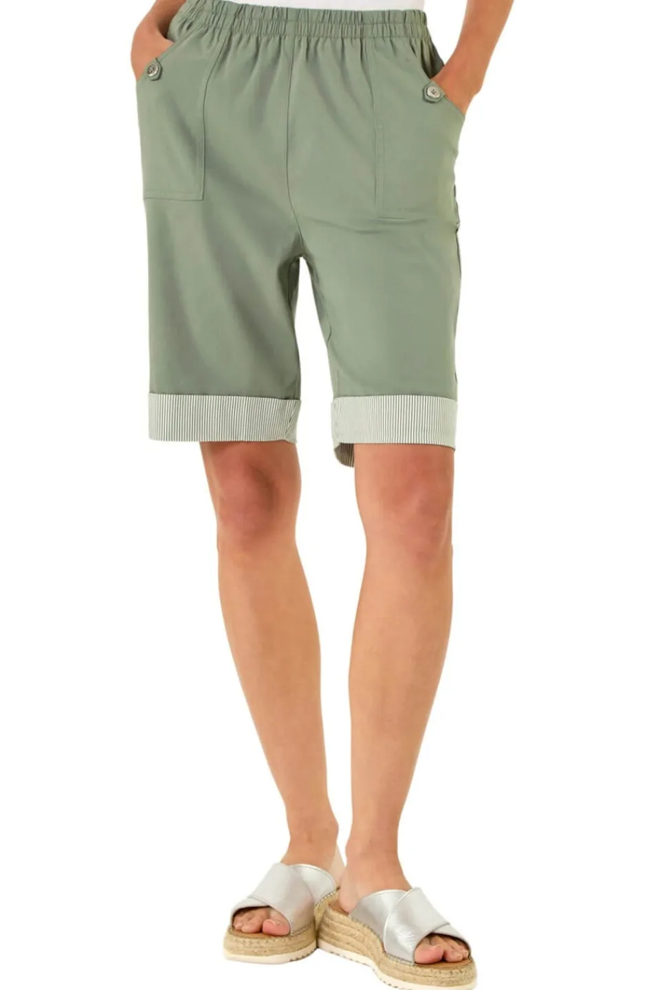 Shorts>Roman Khaki Bengaline Turn Up Stripe Shorts