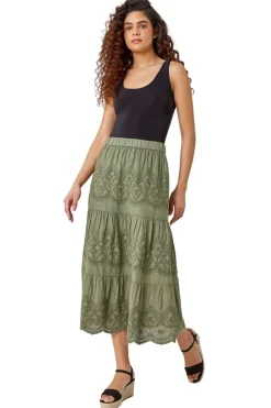 Skirts>Roman Broderie Elastic Waist A Line Tiered Midi Skirt Khaki