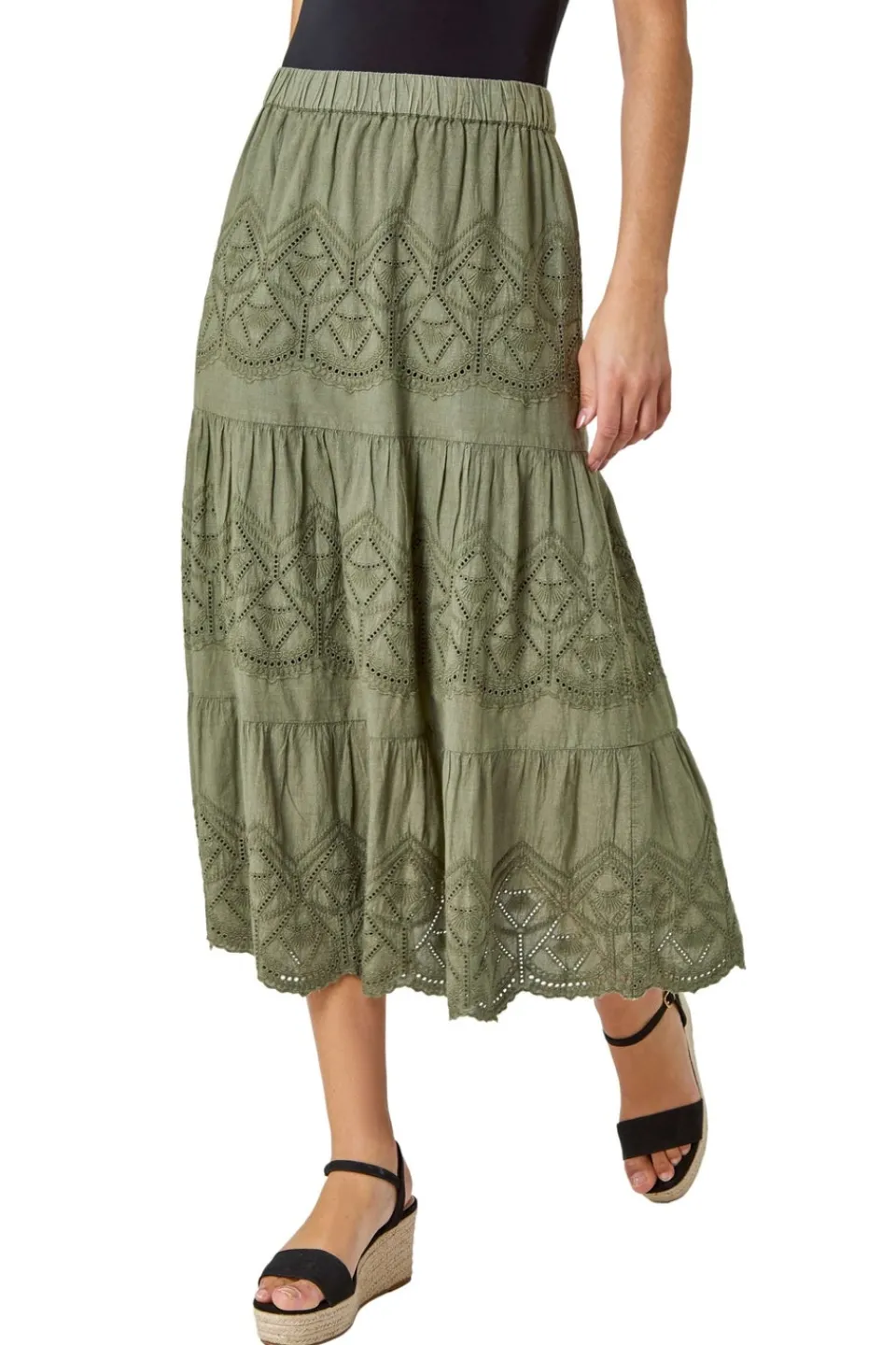 Skirts>Roman Broderie Elastic Waist A Line Tiered Midi Skirt Khaki