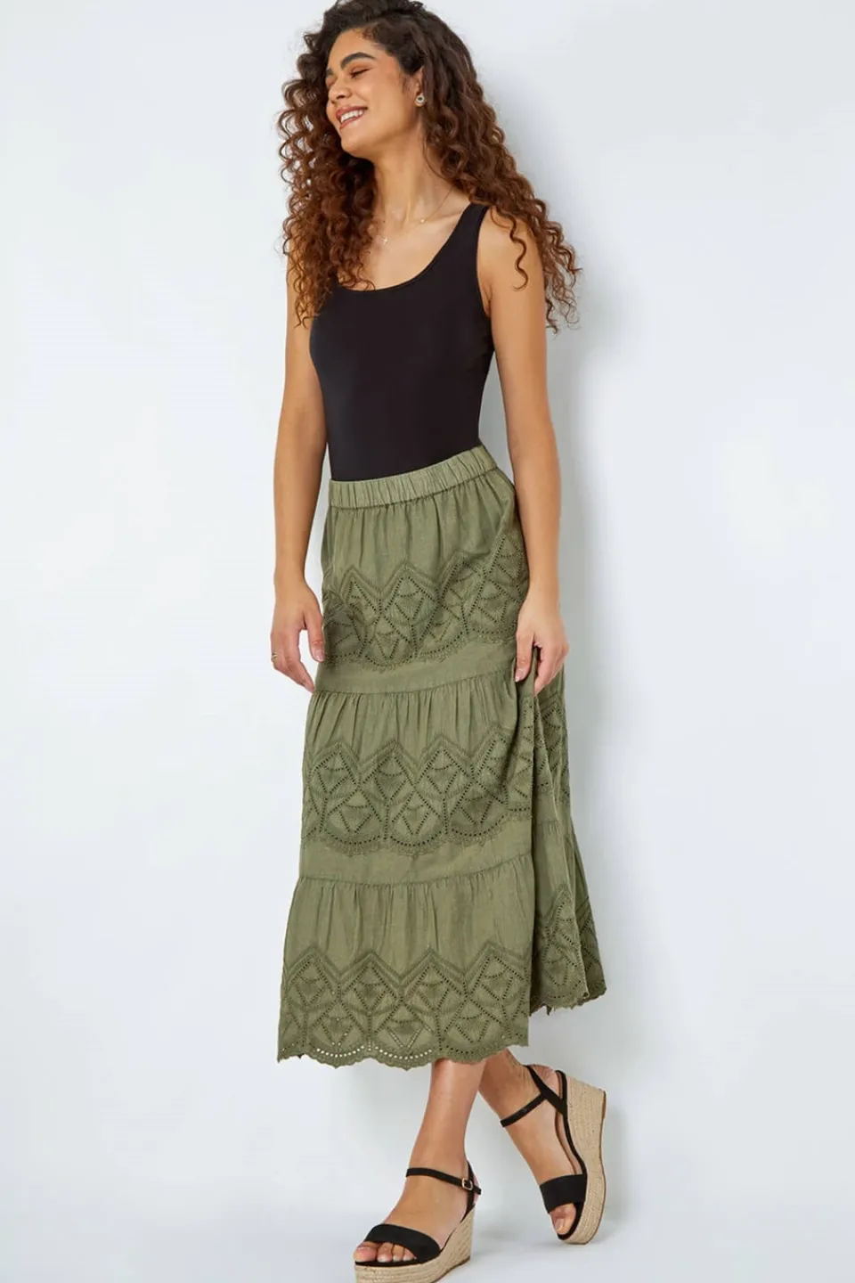 Skirts>Roman Broderie Elastic Waist A Line Tiered Midi Skirt Khaki