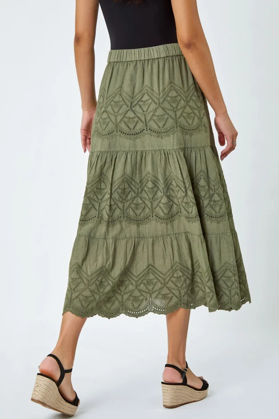 Skirts>Roman Broderie Elastic Waist A Line Tiered Midi Skirt Khaki