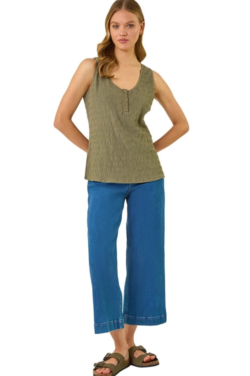 Tops>Roman Khaki Buttoned Stretch Vest Top