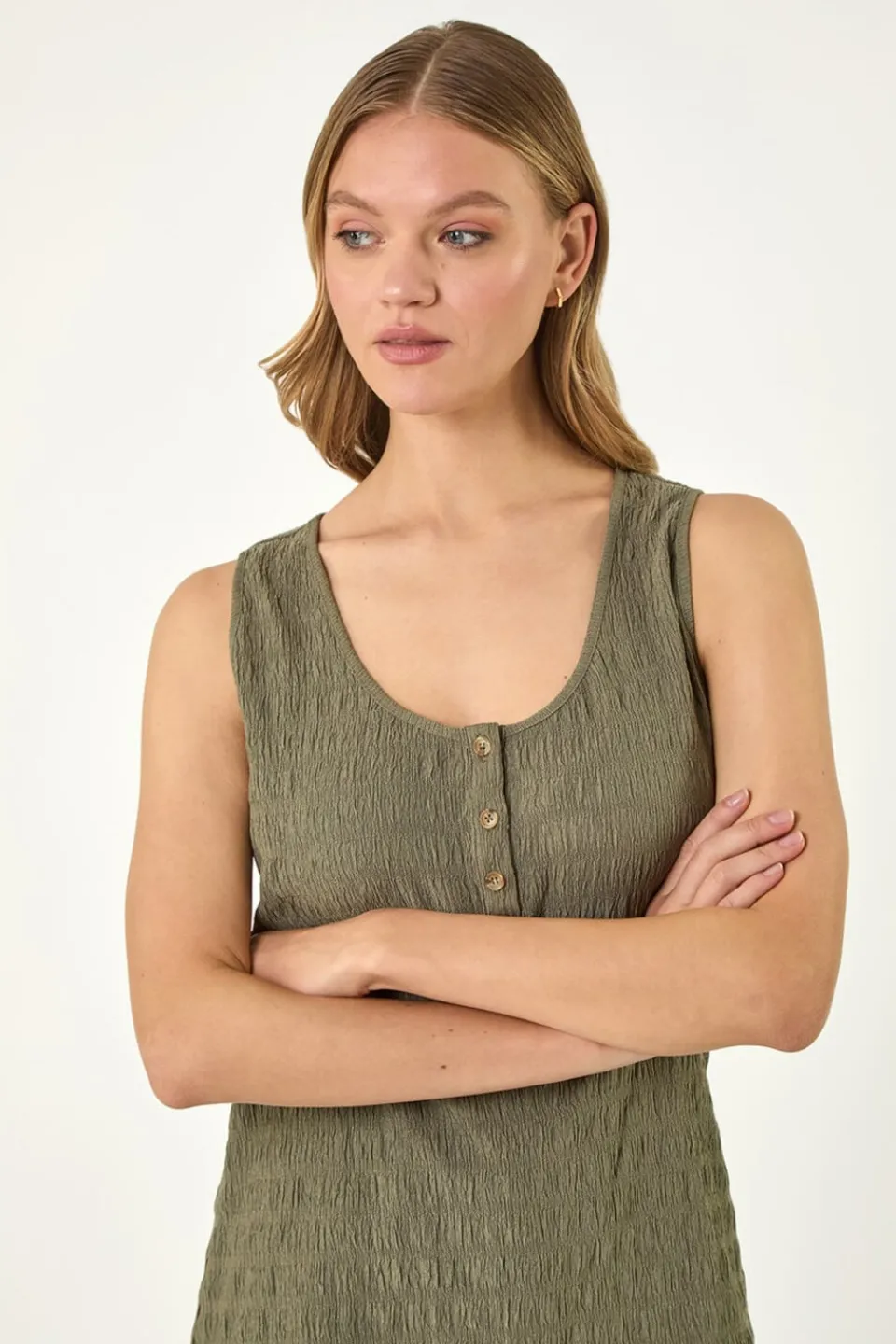Tops>Roman Khaki Buttoned Stretch Vest Top