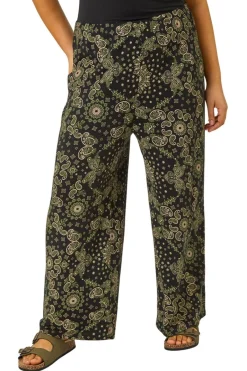 Trousers>Roman Khaki Curve Paisley Print Wide Leg Trouser