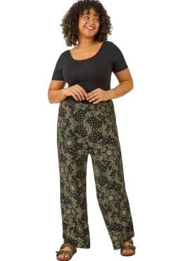 Trousers>Roman Khaki Curve Paisley Print Wide Leg Trouser