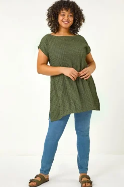 T-Shirts>Roman Curve Textured Short Sleeve T-Shirt Khaki