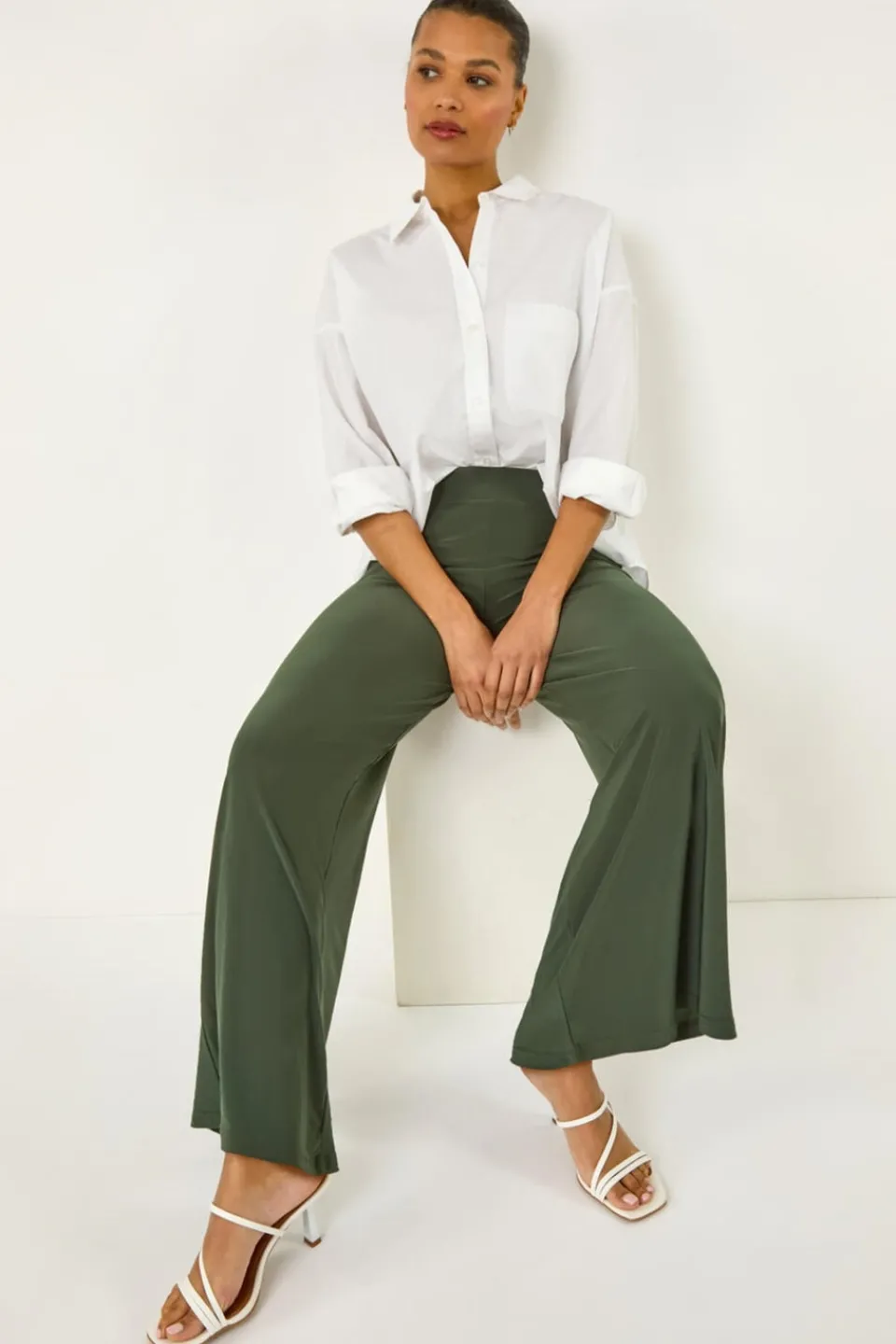Trousers>Roman Elastic Waist Wide Leg Stretch Trousers Khaki