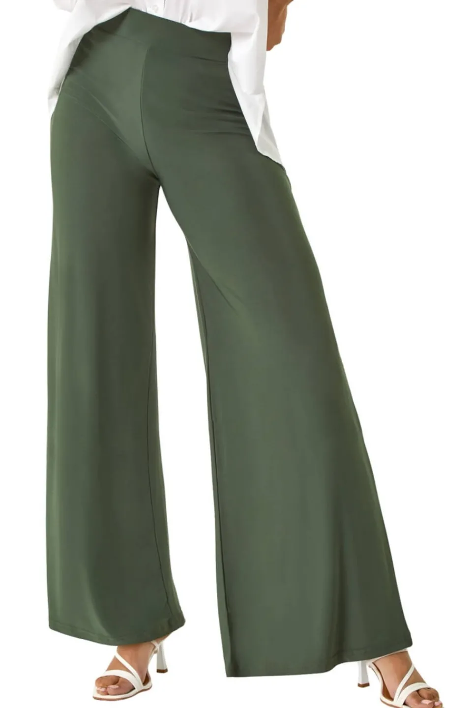 Trousers>Roman Elastic Waist Wide Leg Stretch Trousers Khaki