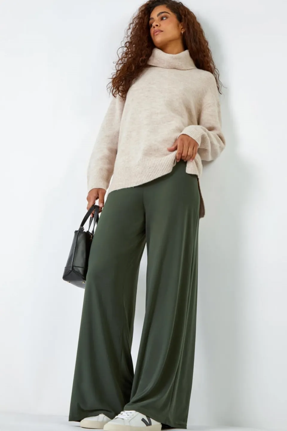 Trousers>Roman Elastic Waist Wide Leg Stretch Trousers Khaki