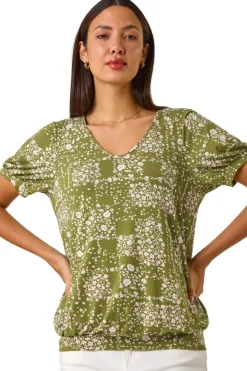Tops>Roman Khaki Floral Print Bubble Hem Top
