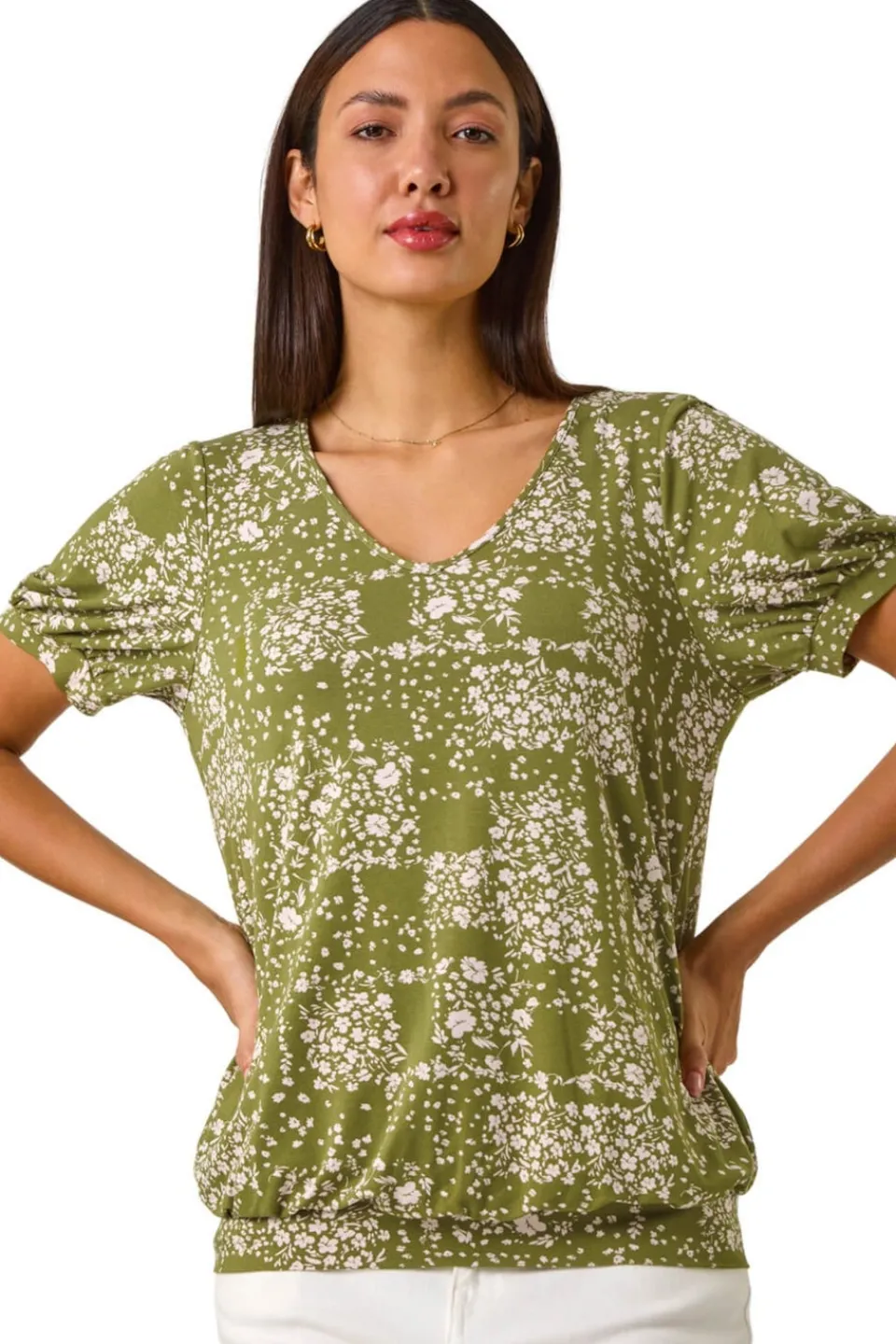 Tops>Roman Khaki Floral Print Bubble Hem Top
