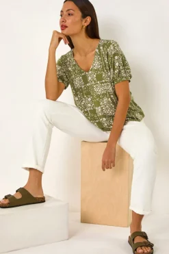 Tops>Roman Khaki Floral Print Bubble Hem Top