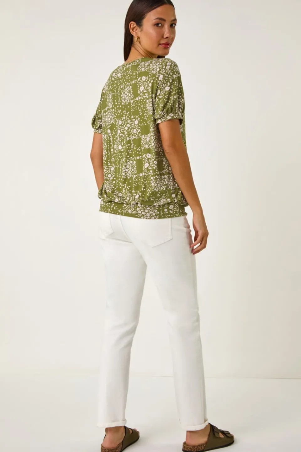 Tops>Roman Khaki Floral Print Bubble Hem Top