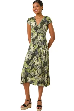 Dresses>Roman Khaki Floral Stretch Midi Wrap Dress