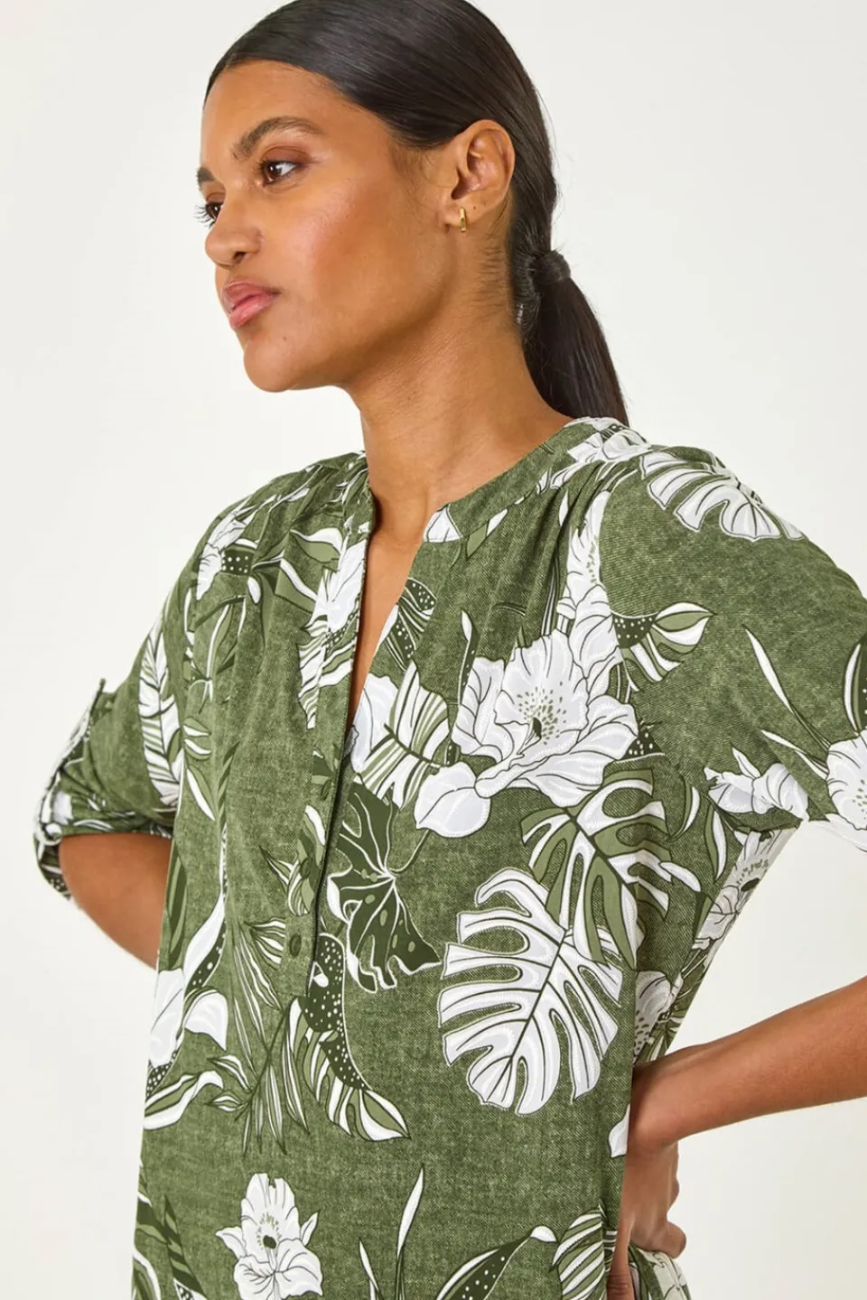 Tops>Roman Khaki Floral Textured Print Shirt