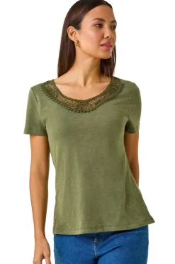 T-Shirts>Roman Khaki Lace Neck Trim Stretch Top