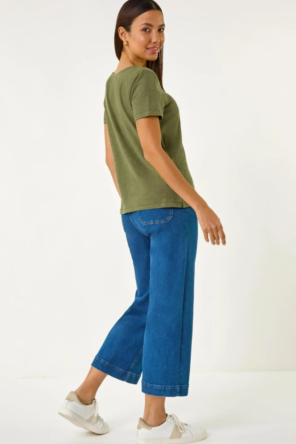 T-Shirts>Roman Khaki Lace Neck Trim Stretch Top