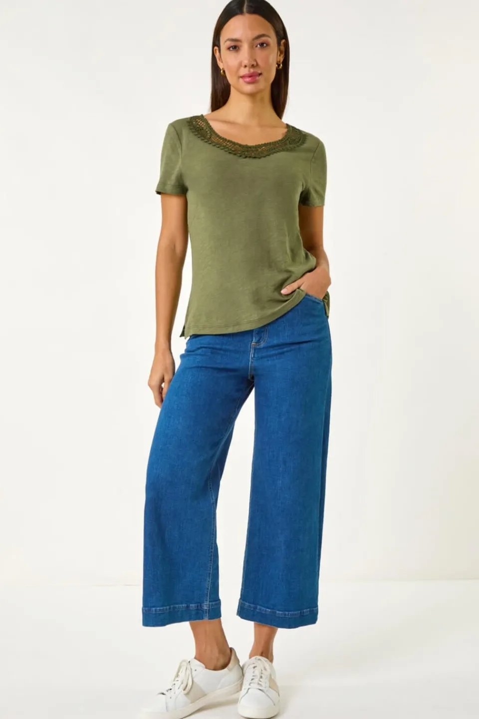 T-Shirts>Roman Khaki Lace Neck Trim Stretch Top