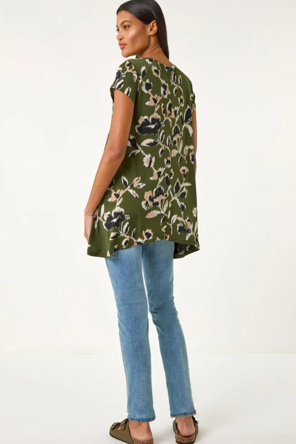 Tops>Roman Khaki Leaf Print Hanky Hem Tunic Top