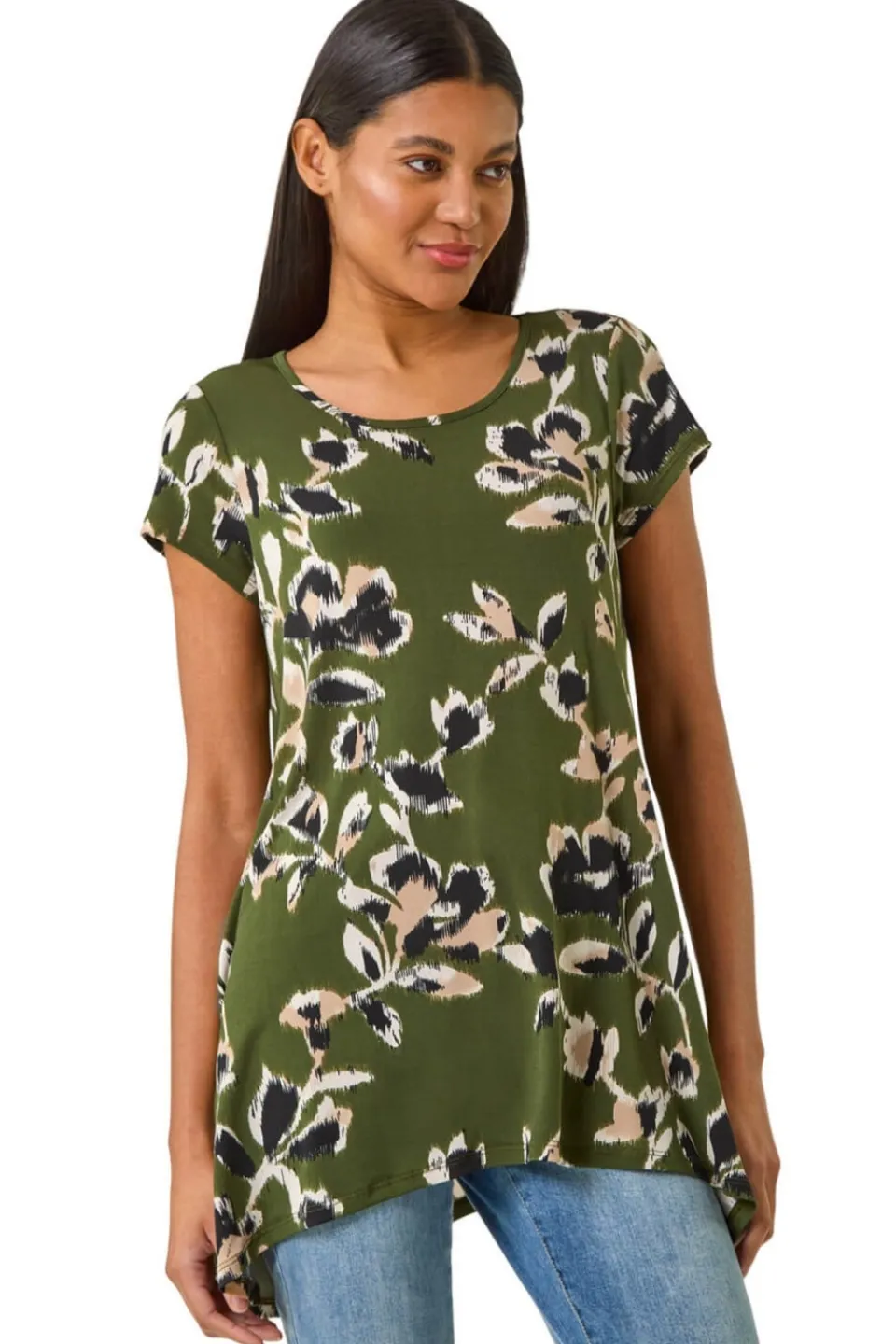 Tops>Roman Khaki Leaf Print Hanky Hem Tunic Top