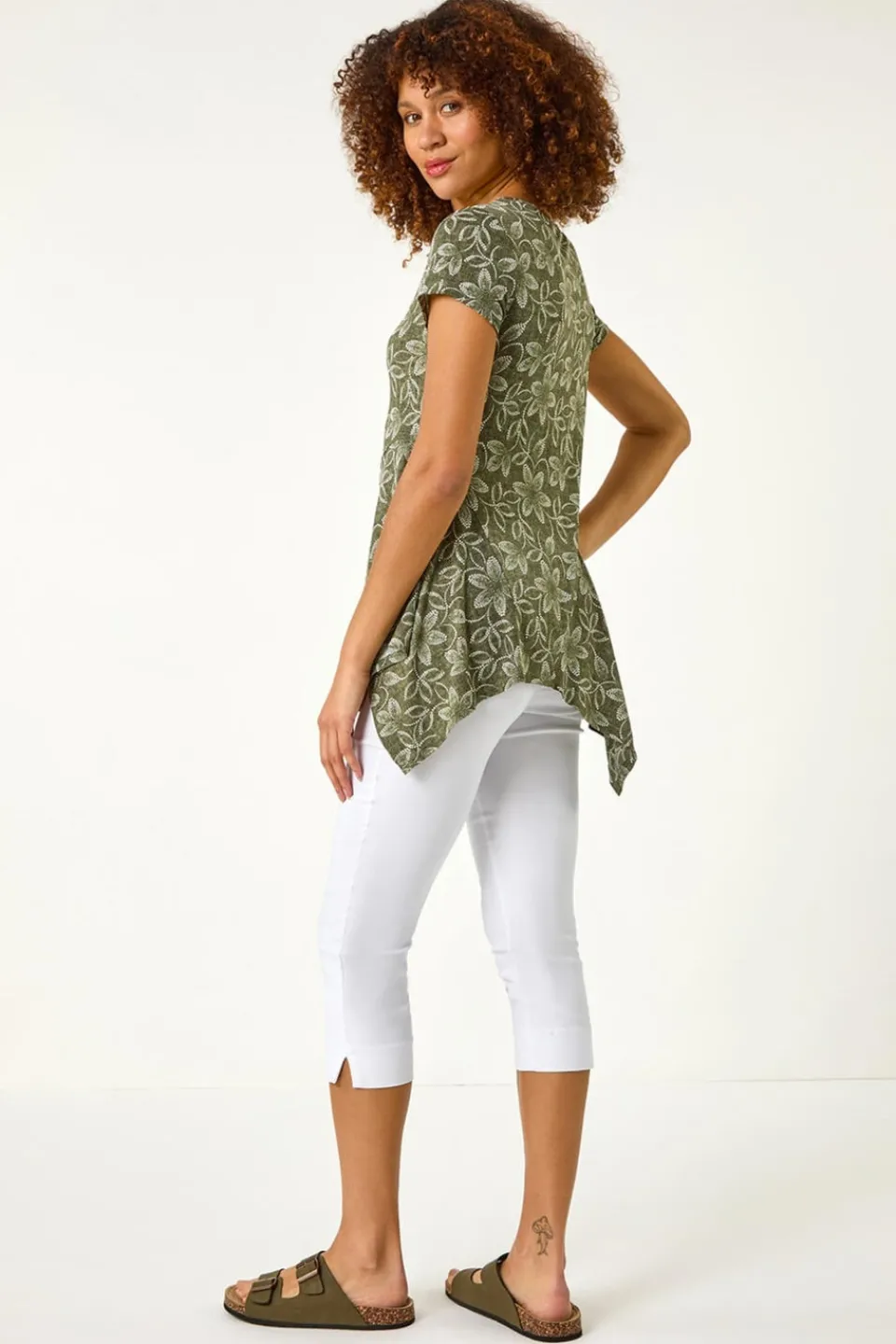 Tops>Roman Khaki Leaf Print Hanky Hem Stretch Top