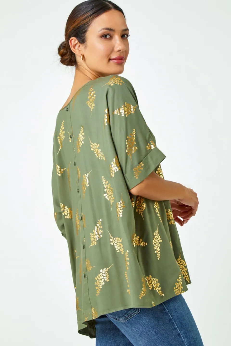 T-Shirts>Roman Khaki Metallic Leaf Print Oversized T-Shirt