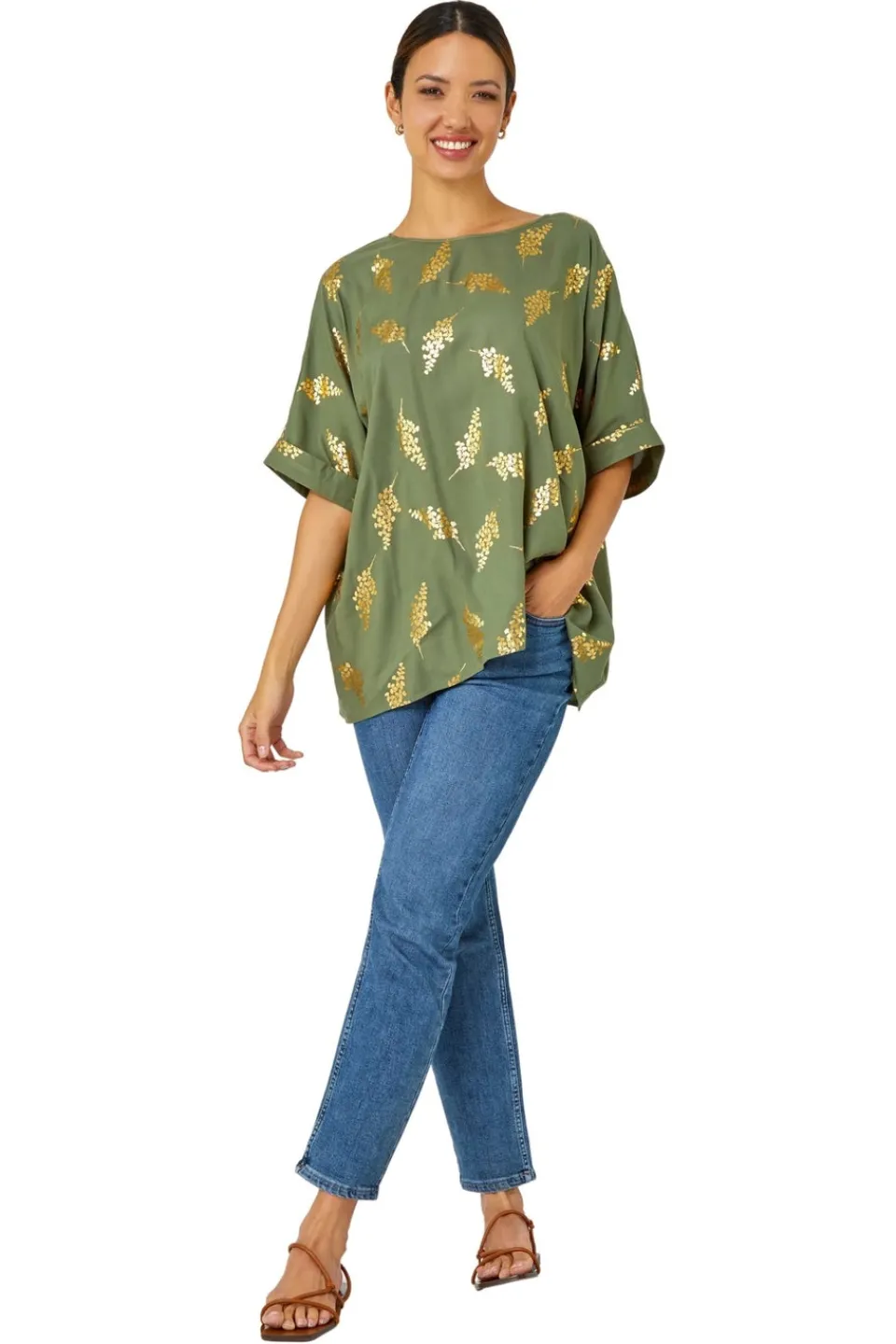 T-Shirts>Roman Khaki Metallic Leaf Print Oversized T-Shirt
