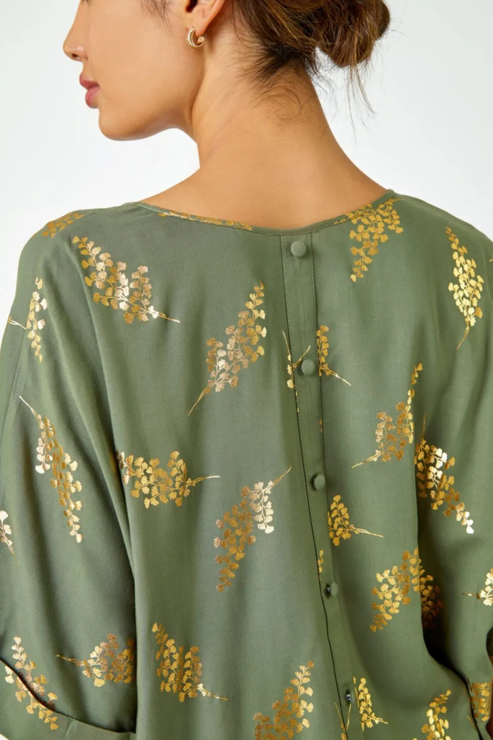T-Shirts>Roman Khaki Metallic Leaf Print Oversized T-Shirt