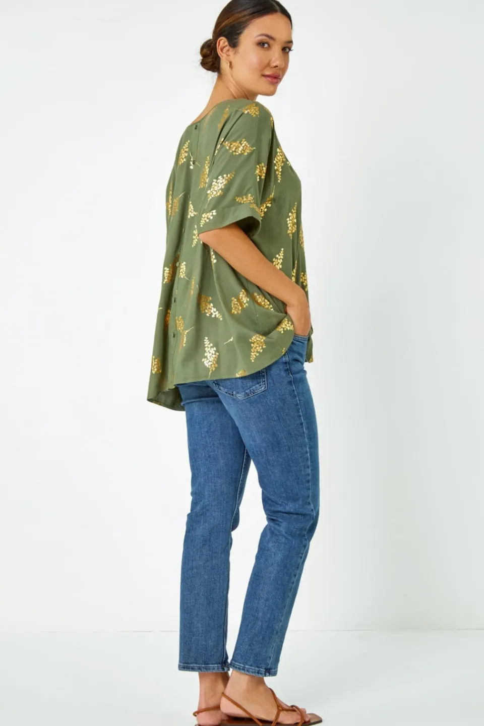 T-Shirts>Roman Khaki Metallic Leaf Print Oversized T-Shirt