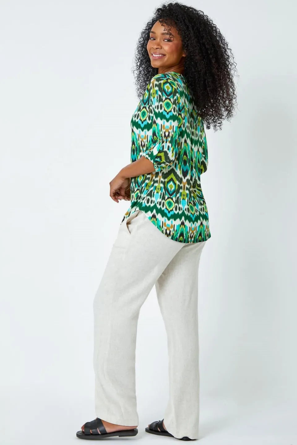Tops>Roman Khaki Petite Aztec Stretch Button Detail Shirt