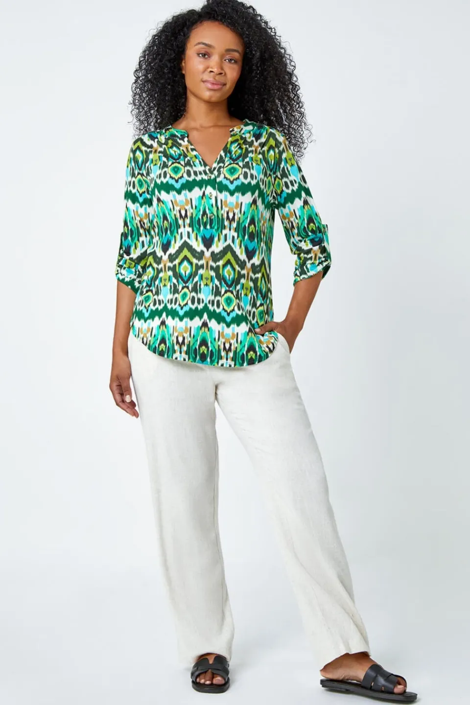 Tops>Roman Khaki Petite Aztec Stretch Button Detail Shirt