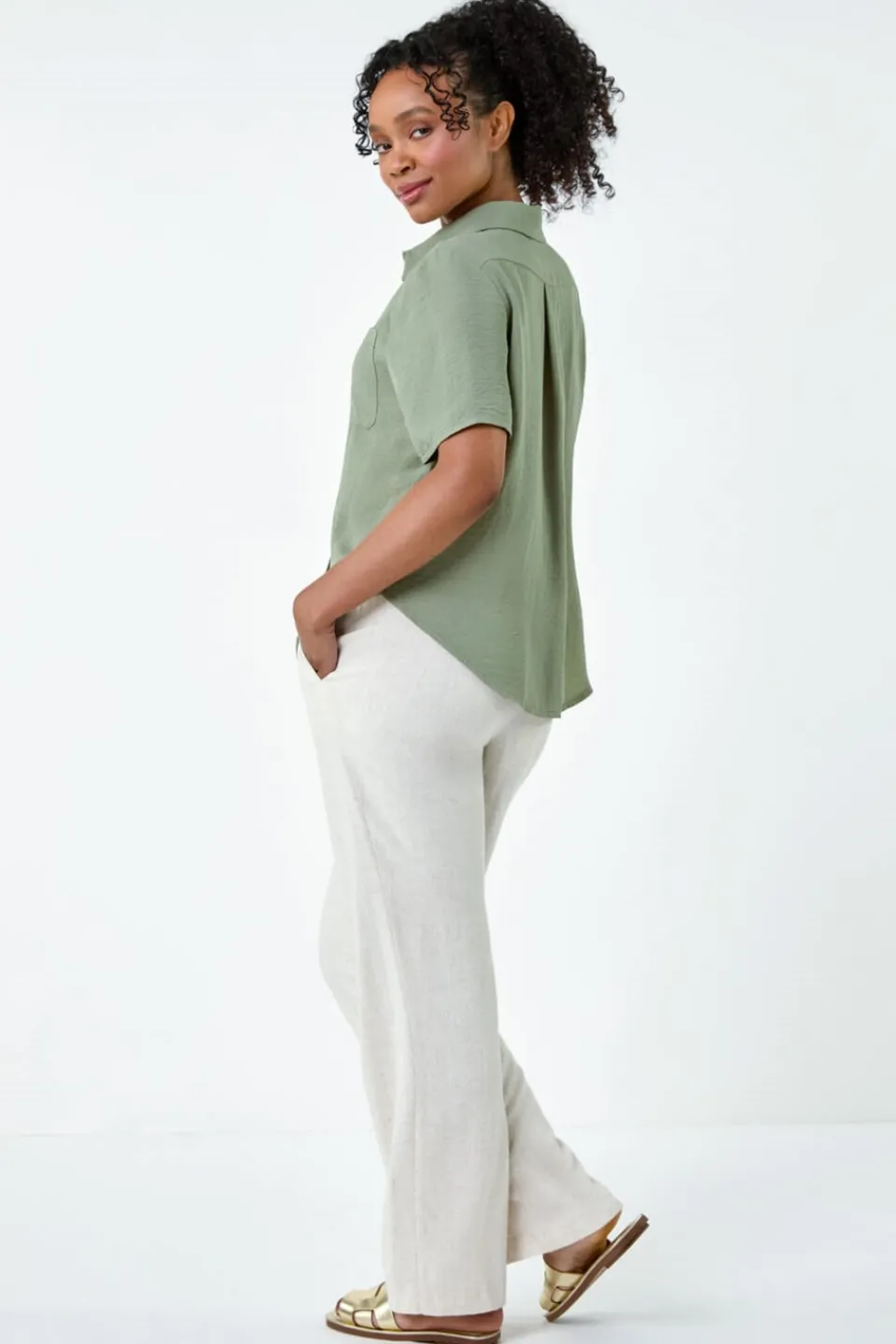 Tops>Roman Petite Button Up Pocket Shirt Khaki
