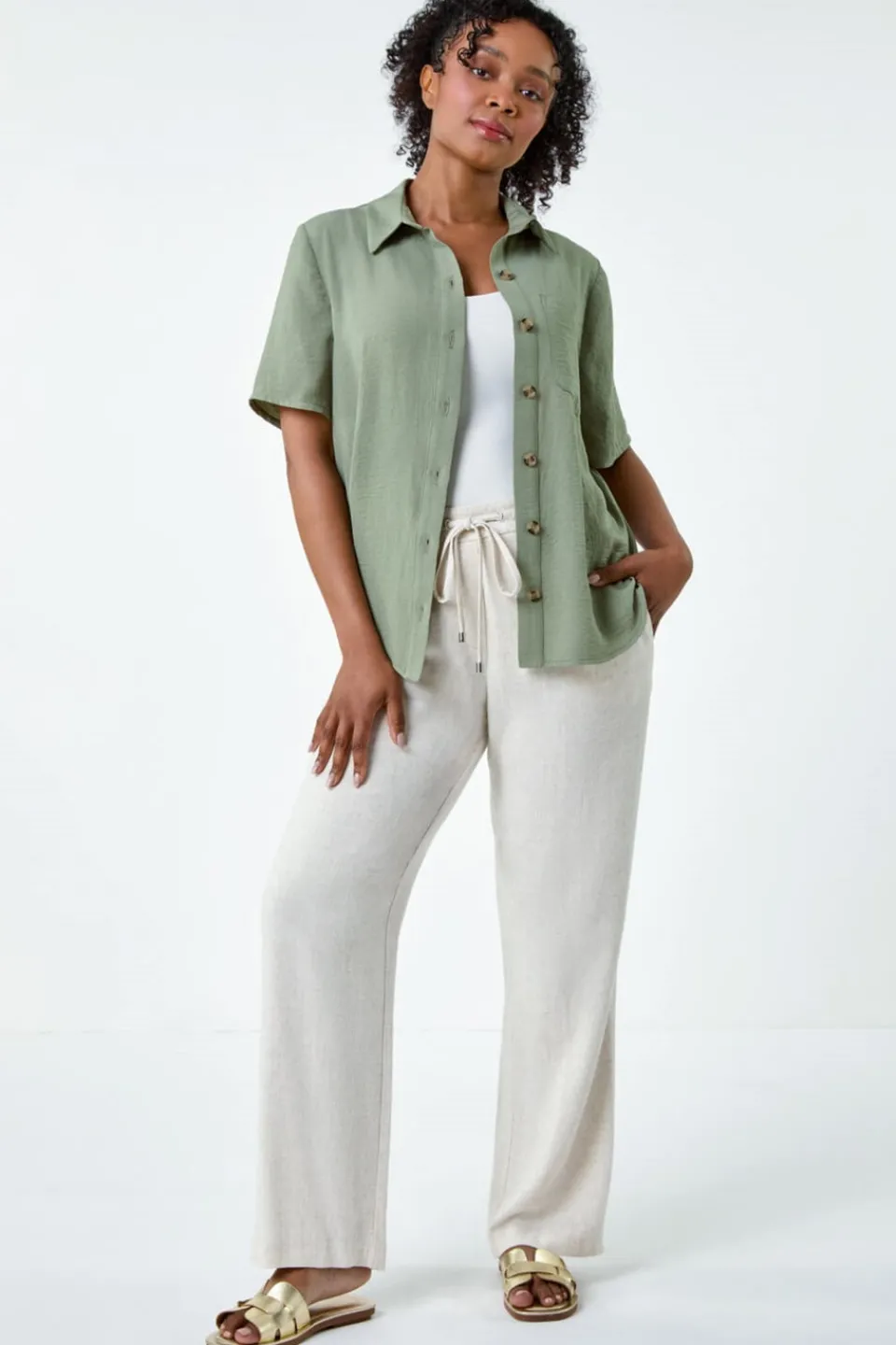 Tops>Roman Petite Button Up Pocket Shirt Khaki