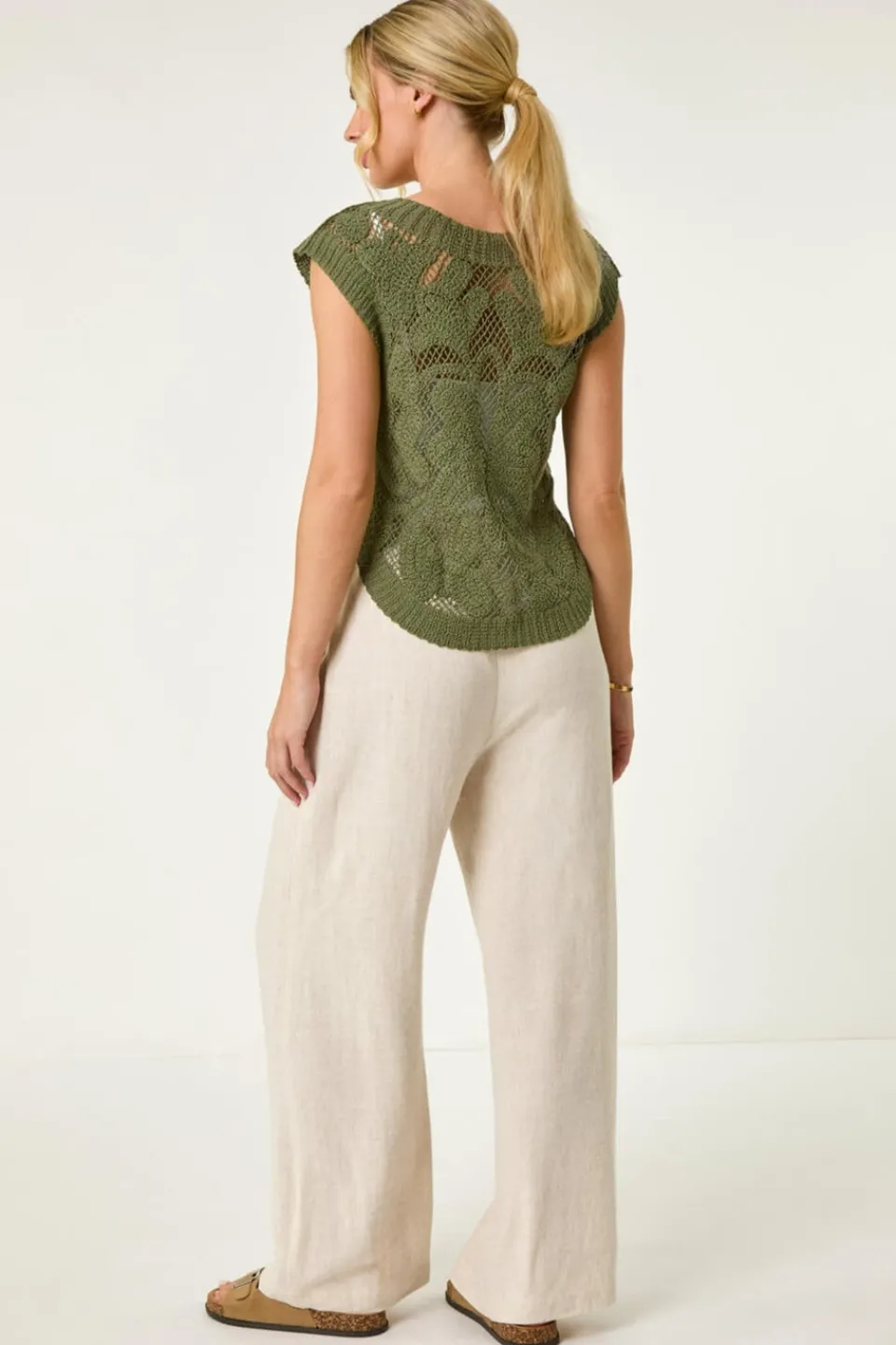 Tops>Roman Khaki Petite Curve Hem Crochet Top