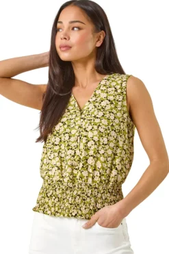 Tops>Roman Khaki Petite Ditsy Print Shirred Blouson Top